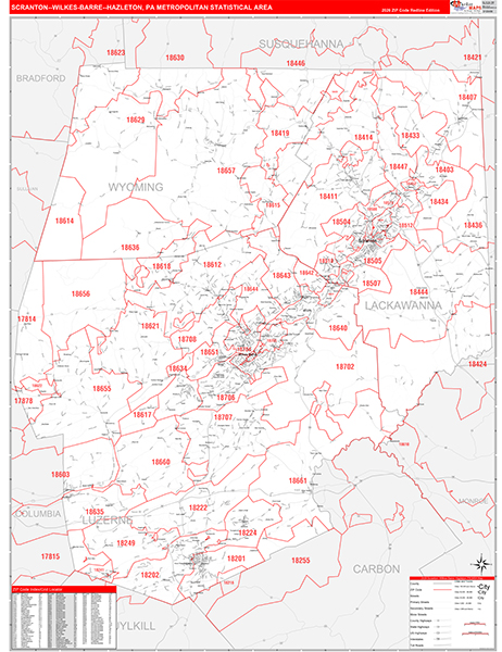 Scranton-Wilkes-Barre-Hazleton Metro Area Zip Code Wall Map